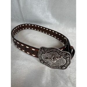 Nocona Bull Rider‎ Western Belt Silver Buckle Brown Leather Floral Cowboy